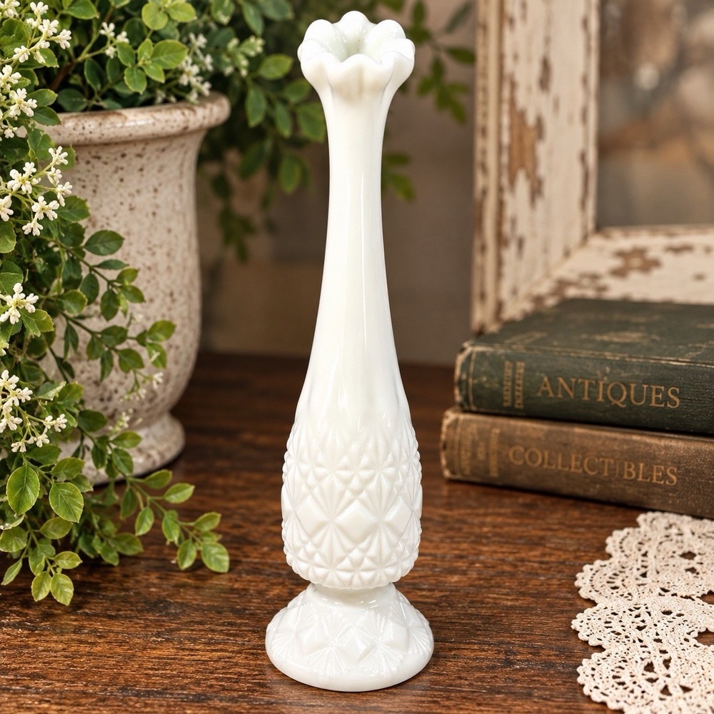 Vintage Fenton Milk Glass Swung Bud Vase Fine Cut & Block Diamond Fan MCM 7.25"